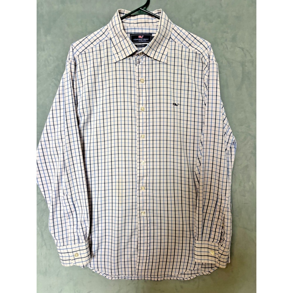 Vineyard Vines Shirt Button Down Classic Fit Whale Madras Blue Geometric Mens L - Picture 2 of 8